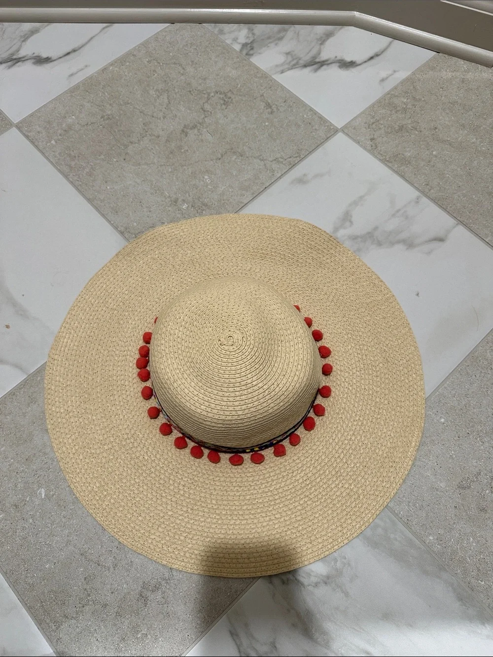 Straw Sun Hat with Pink Pom-Pom Trim